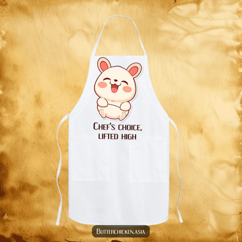 Funny bao bun apron showing a happy character beaming with delight while being picked up, ideal for cooking.