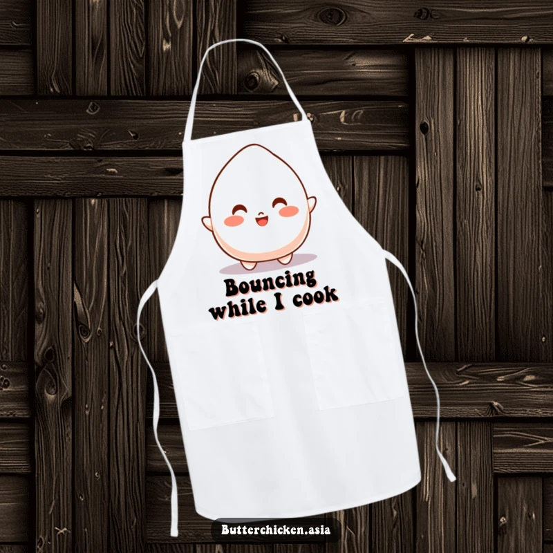 Funny Apron showing a bouncy mochi character in a joyful leap, bringing lively energy to the kitchen.