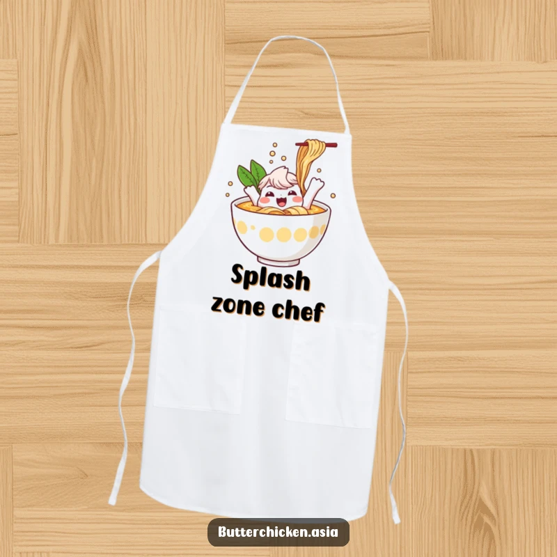 Funny Ramen Apron: a cheerful ramen bowl character splashes happily in broth while cooking. A fun accessory for a funny gift.