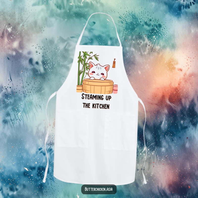Funny Apron showing a shy wonton character peeking from behind a bamboo steamer, adding a touch of bashful humor to cooking.