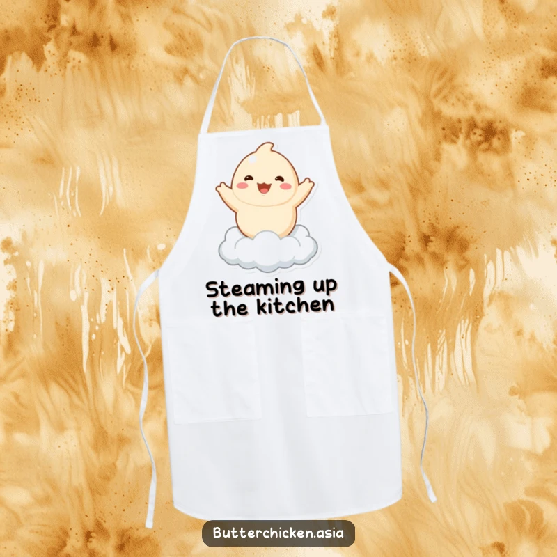 Funny dumpling apron showing a playful character joyfully bouncing on a cloud, keeping clothes clean with whimsical style.