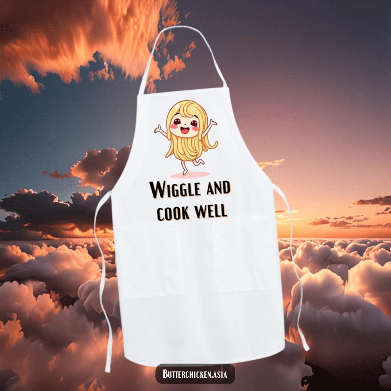 Funny Apron showing a wiggling noodle character doing a happy dance, bringing energetic humor to cooking.