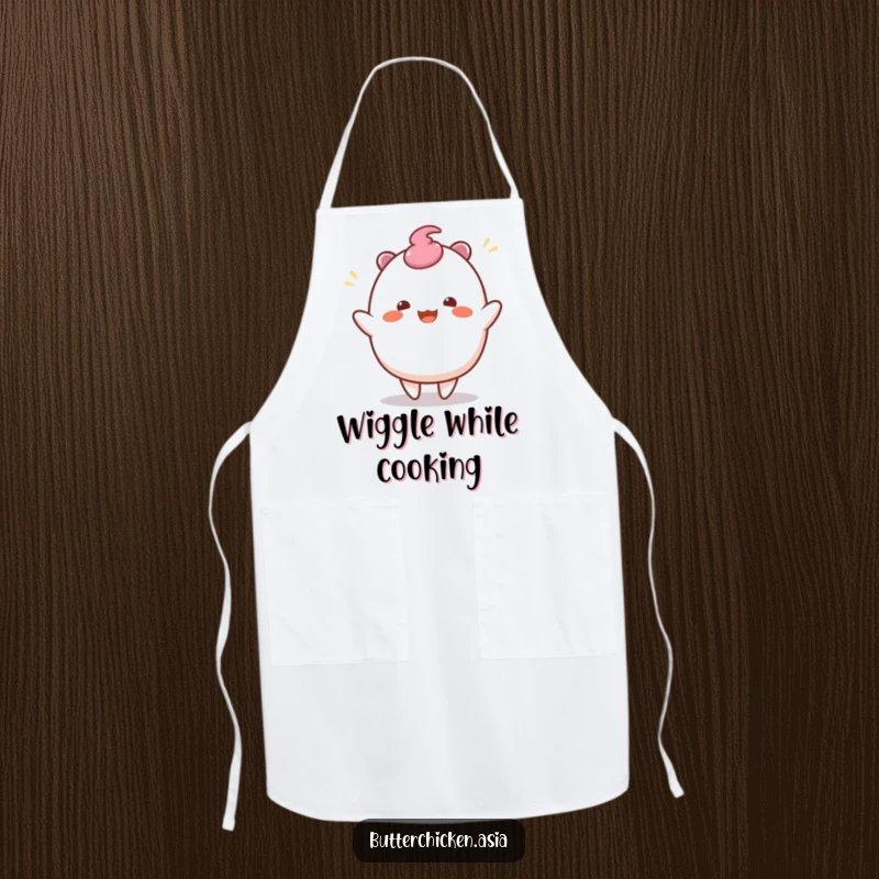 Funny Mochi Apron: a wobbly mochi character does a joyful wiggle dance while cooking. Fun kitchen wear for a funny gift.
