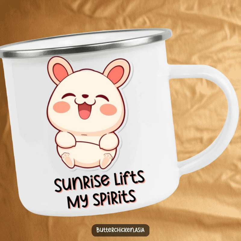 Funny bao bun camping mug showing a beaming character with a joyful expression as it is picked up, for outdoor use.