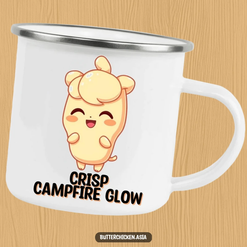 Funny Camping Mug with a delighted tempura character shining brightly, ready for outdoor brews and sparkle.