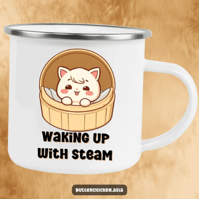 Funny dim sum camping mug showing a giggling character peeking out from a small bamboo steamer, for outdoor use.
