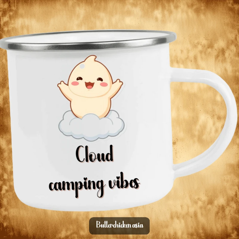 Funny dumpling camping mug, durable and whimsical, featuring a playful character bouncing on a cloud for delightful outdoor drinks.