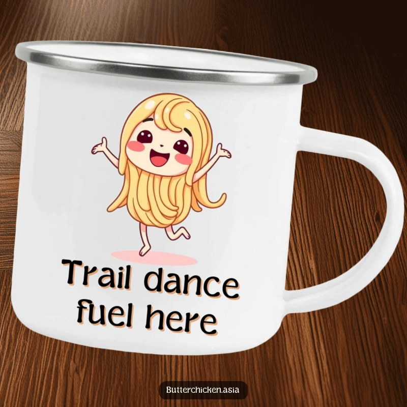 Funny Camping Mug with a wiggling noodle character doing a happy dance, ready for outdoor brews and fun.
