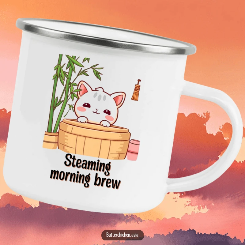 Funny Camping Mug with a shy wonton character peeking from behind a bamboo steamer, ready for outdoor sips.