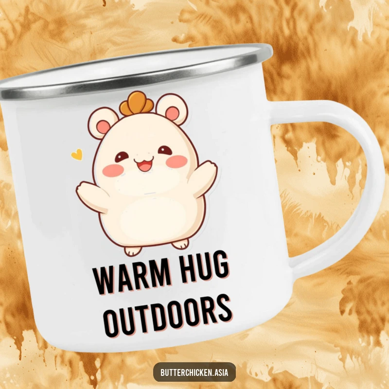 Funny Bao Bun Camping Mug: a smiling bao bun character offers a warm embrace. Ideal for outdoor comfort and a funny gift.