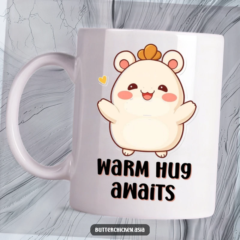 Funny Bao Bun Mug: a smiling bao bun character gives a warm embrace. A comforting and funny gift for lovers of cute characters.