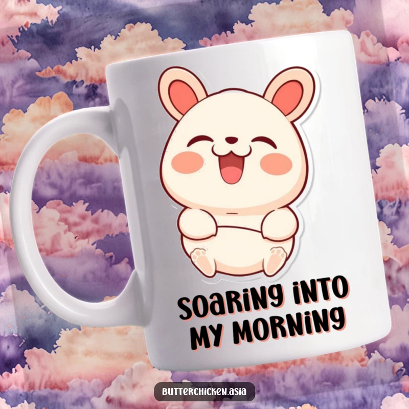 Funny bao bun mug showing a happy character beaming with joy as it is gently picked up.