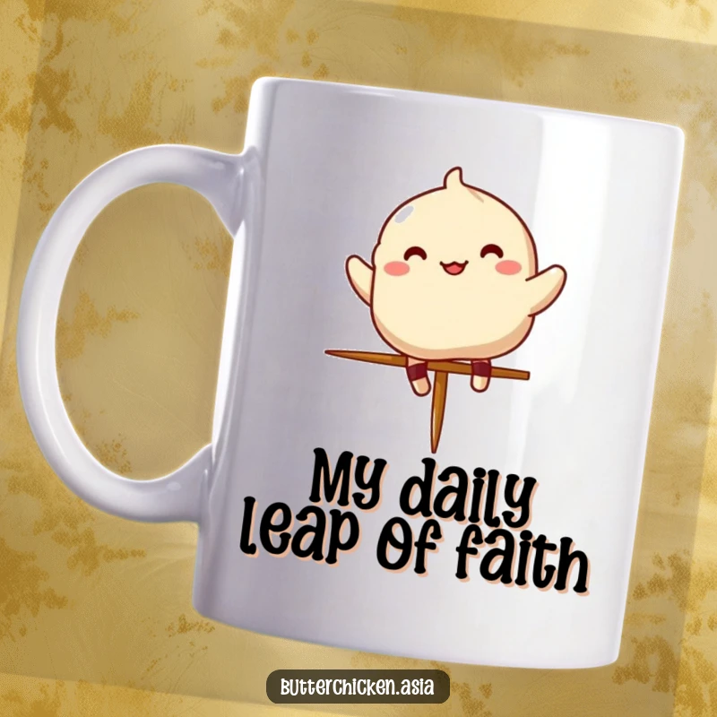 Funny dumpling mug design showing a happy character leaping over a small chopstick with energetic glee.