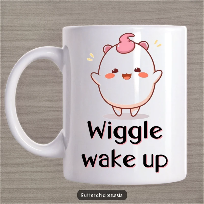 Funny Mochi Mug: a wobbly mochi character does a joyful wiggle dance. A sweet and funny gift for mochi lovers.