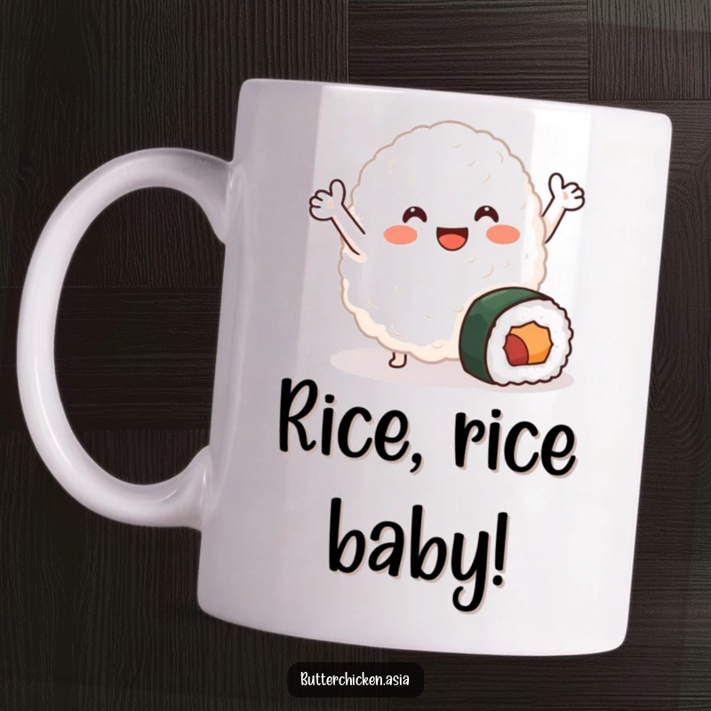 Funny Mug featuring a smiling blob of rice with tiny arms joyfully waving near a small sushi roll, radiating cute food humor.
