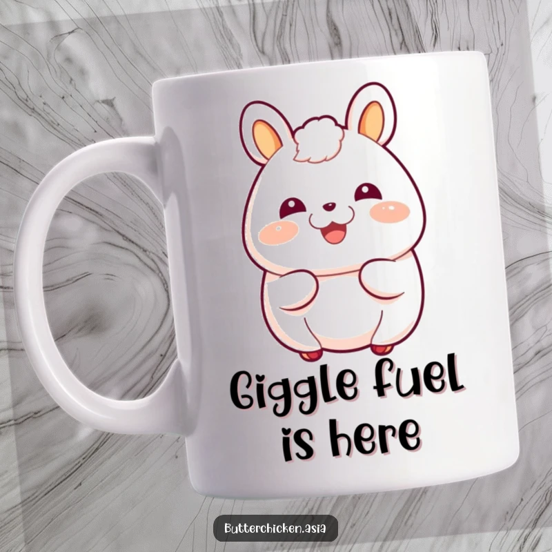 Funny Mug featuring a giggling bao bun character with a bright, happy blush, radiating pure joy.