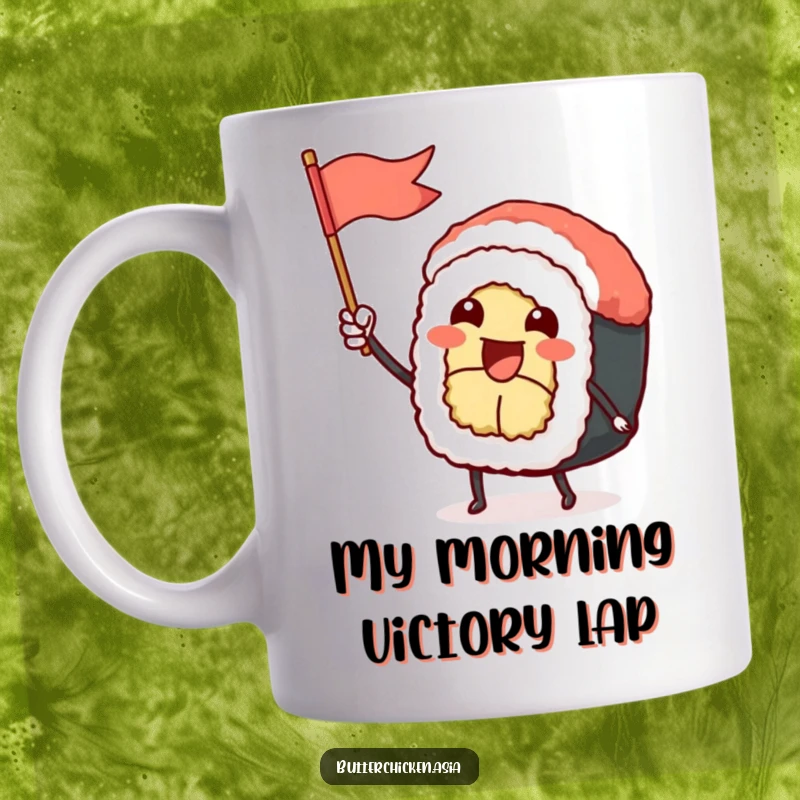 Funny Sushi Roll Mug: a cheerful character waves a small flag with excitement. Perfect for sushi fans seeking a humorous gift.