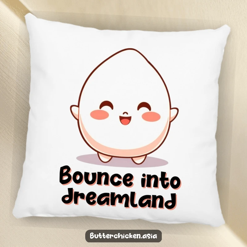 Funny Pillow with a bouncy mochi character joyfully leaping, offering soft comfort and spirited vibes.