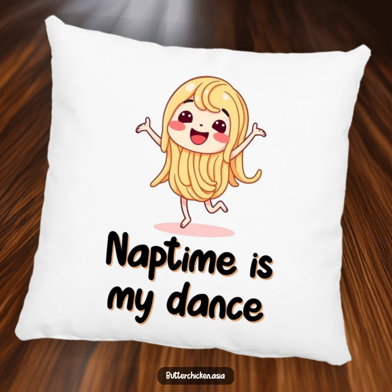 Funny Pillow with a wiggling noodle character doing a happy dance, perfect for adding comfort and cheer.