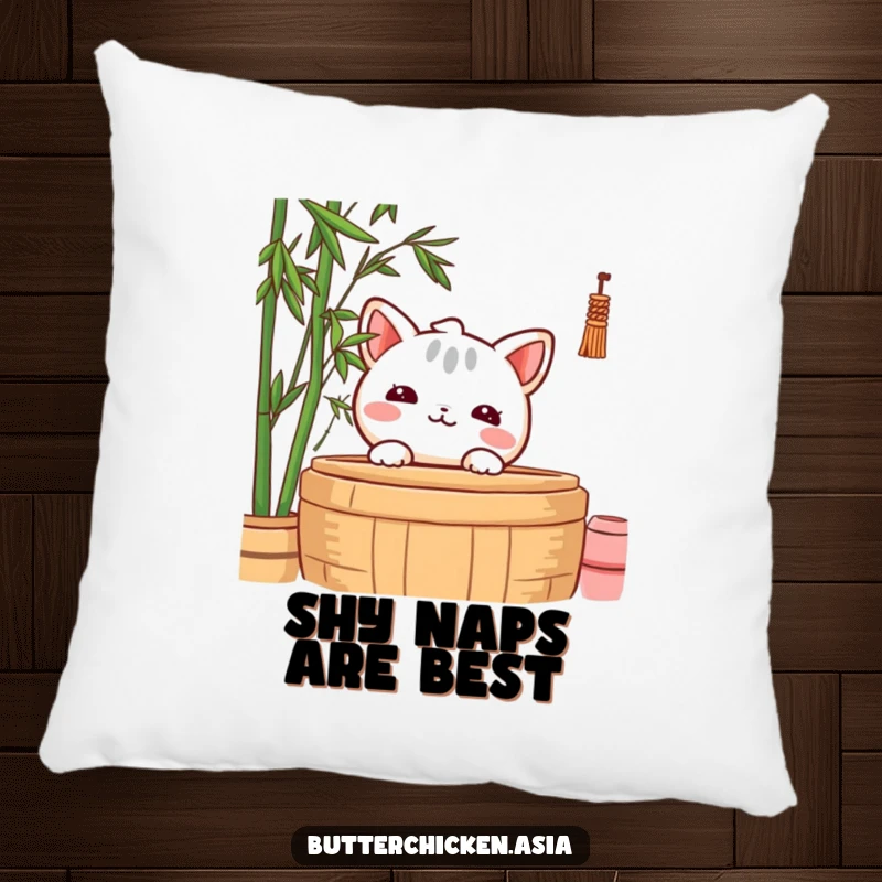 Funny Pillow with a shy wonton character peeking cautiously from behind a bamboo steamer, offering soft comfort.