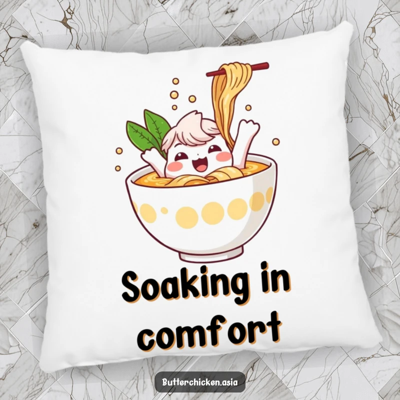 Funny Ramen Pillow: a cheerful ramen bowl character splashes happily in broth. Soft decor for a fun and funny gift.