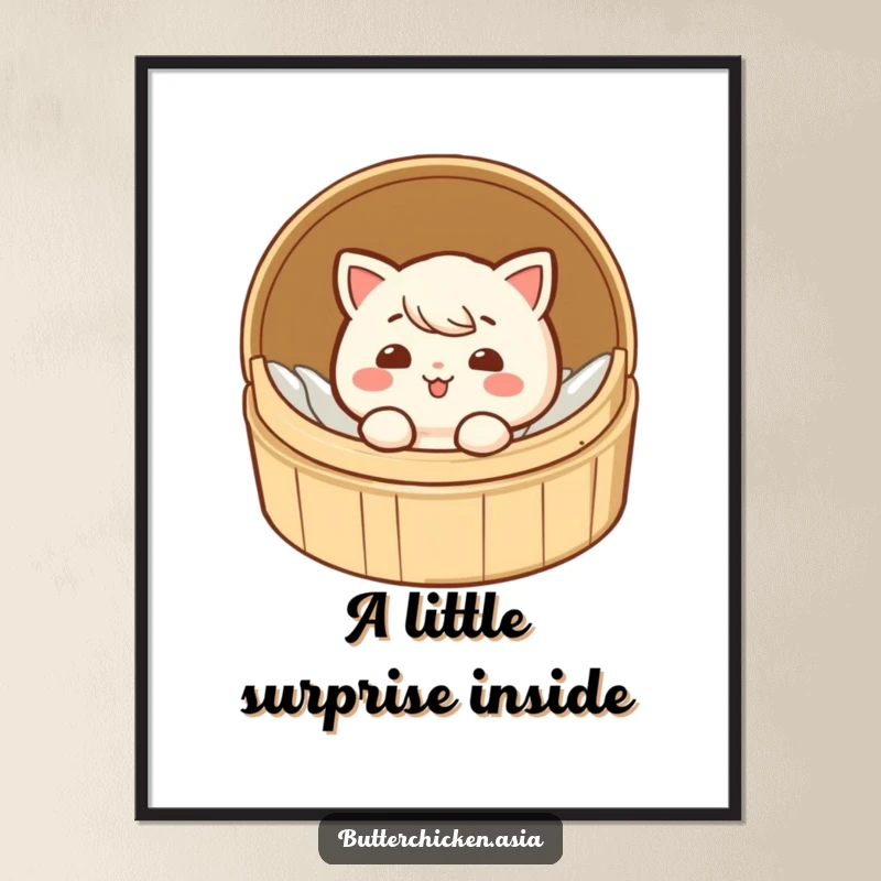 Funny dim sum digital art print of a giggling character peeking out from a small bamboo steamer, instant download.
