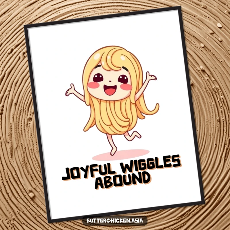 Funny Digital Art Print of a wiggling noodle character doing a happy dance, creating a vibrant and joyful scene.