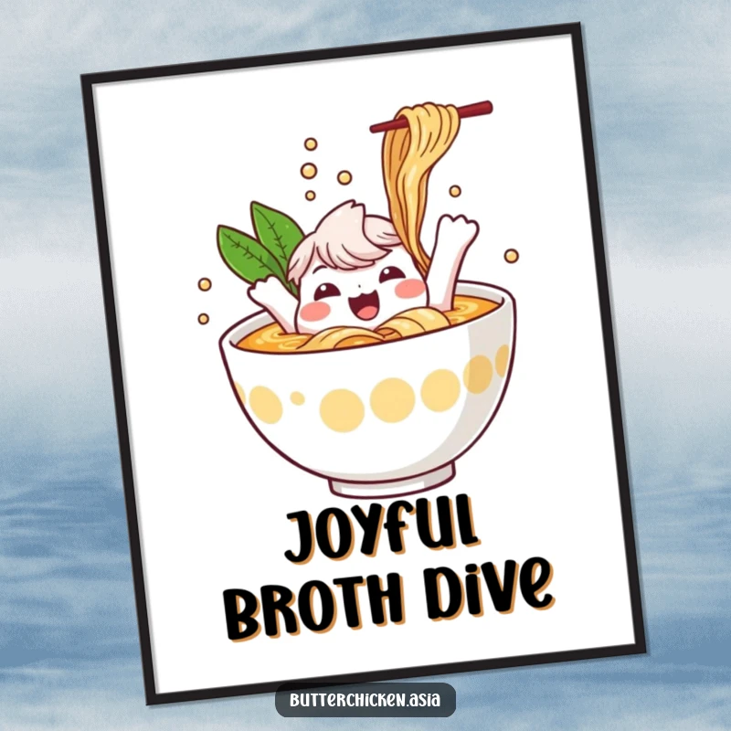 Funny Ramen Digital Art: a cheerful ramen bowl character splashes happily in broth. Instant art for a fun and funny gift.