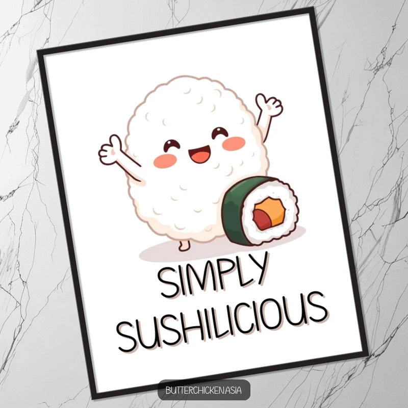 Funny Digital Art Print: a smiling blob of rice with tiny arms joyfully waving near a small sushi roll, creating cute and humorous food-themed decor.
