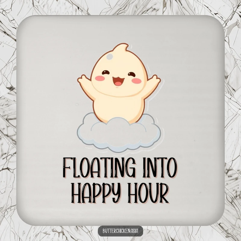 Funny dumpling coasters featuring a playful character joyfully bouncing on a cloud, offering stylish protection for drink glasses.