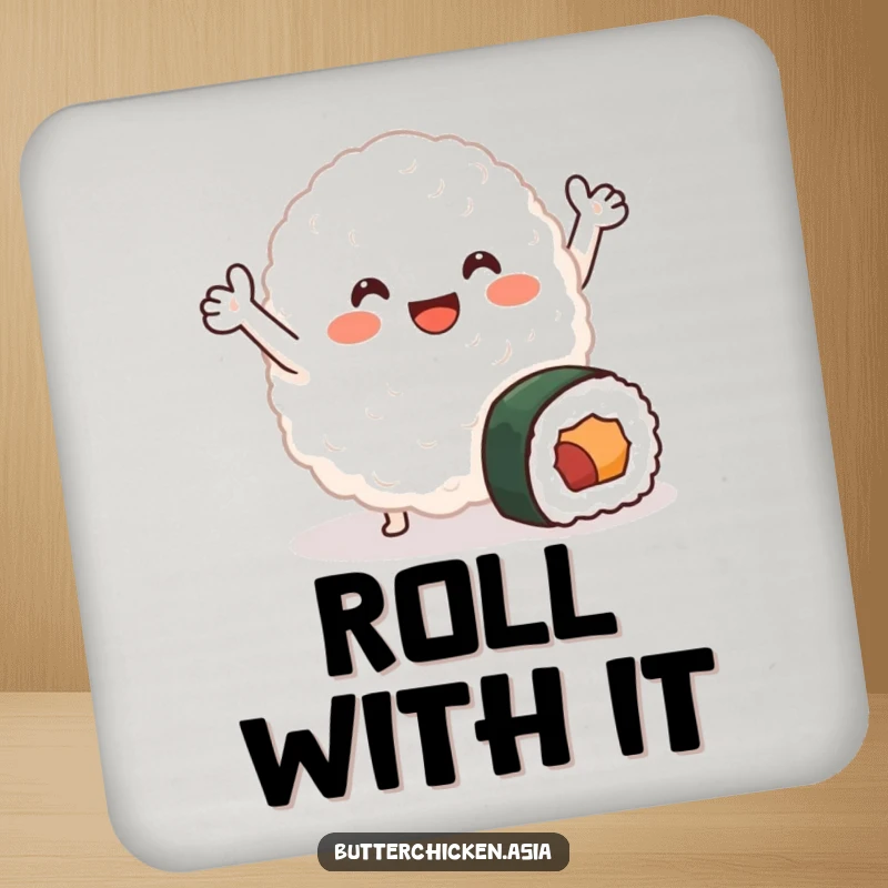 Funny Drink Coaster with a smiling blob of rice waving joyfully near a small sushi roll, offering cute food-themed protection for tables.