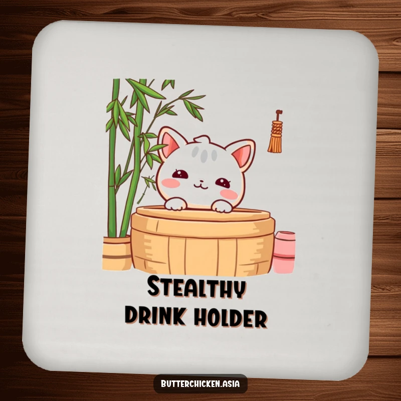 Funny Drink Coaster showcasing a shy wonton character peeking from behind a bamboo steamer, offering protection with a cute face.