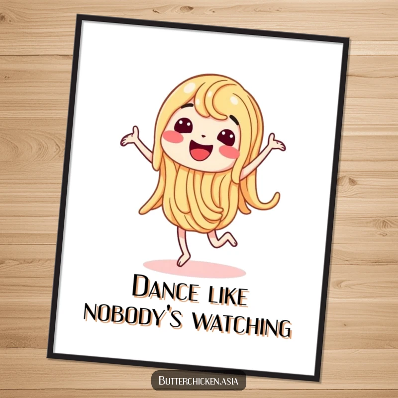 Funny Poster featuring a wiggling noodle character captured mid-dance, radiating pure happiness and movement.
