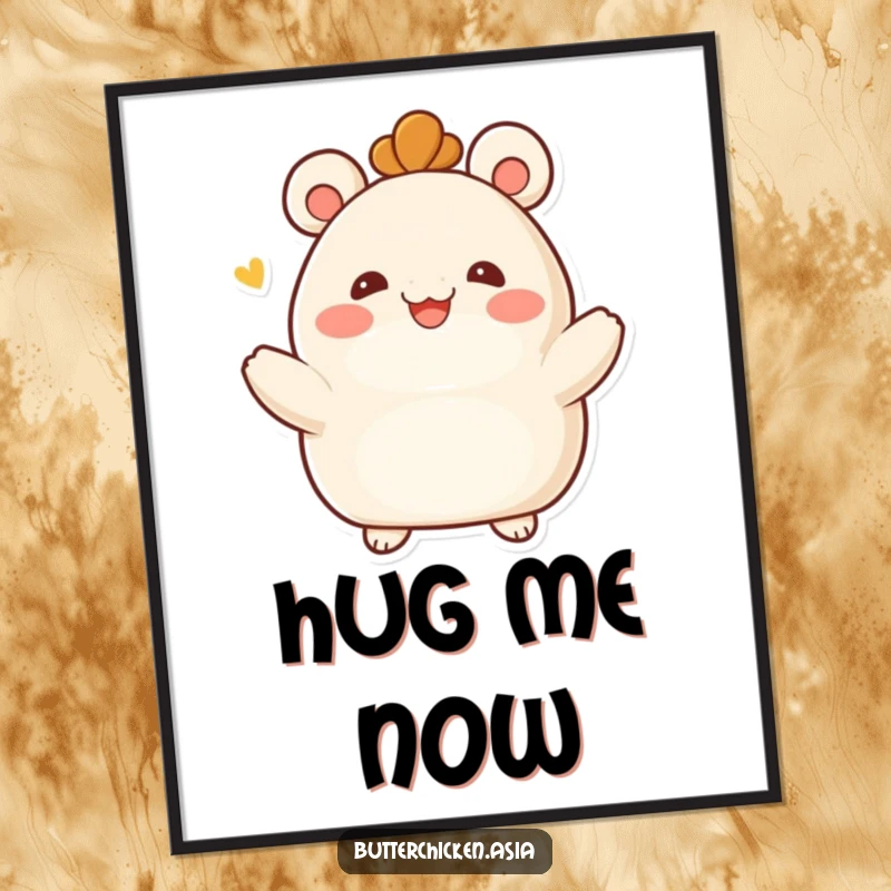 Funny Bao Bun Poster: a smiling bao bun character gives a warm embrace. Cozy wall art for a comforting and funny gift.