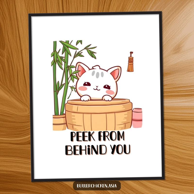 Funny Poster featuring a shy wonton character peeking from behind a bamboo steamer, creating a moment of quiet curiosity.