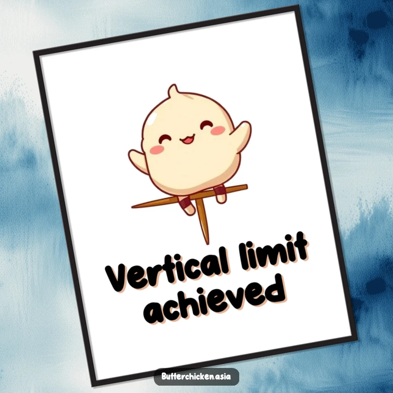 Funny dumpling poster art showing a smiling character mid-jump over a miniature chopstick, adding humor to decor.