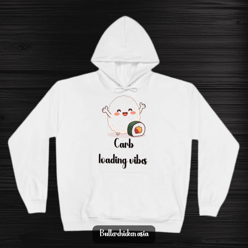 Funny Hoodie featuring a smiling blob of rice with tiny arms joyfully waving near a small sushi roll, cozy and cute food apparel.