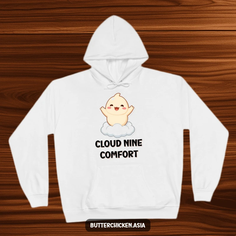 Funny dumpling hoodie featuring a playful character joyfully bouncing on a cloud, offering cozy comfort with a whimsical, lighthearted theme.
