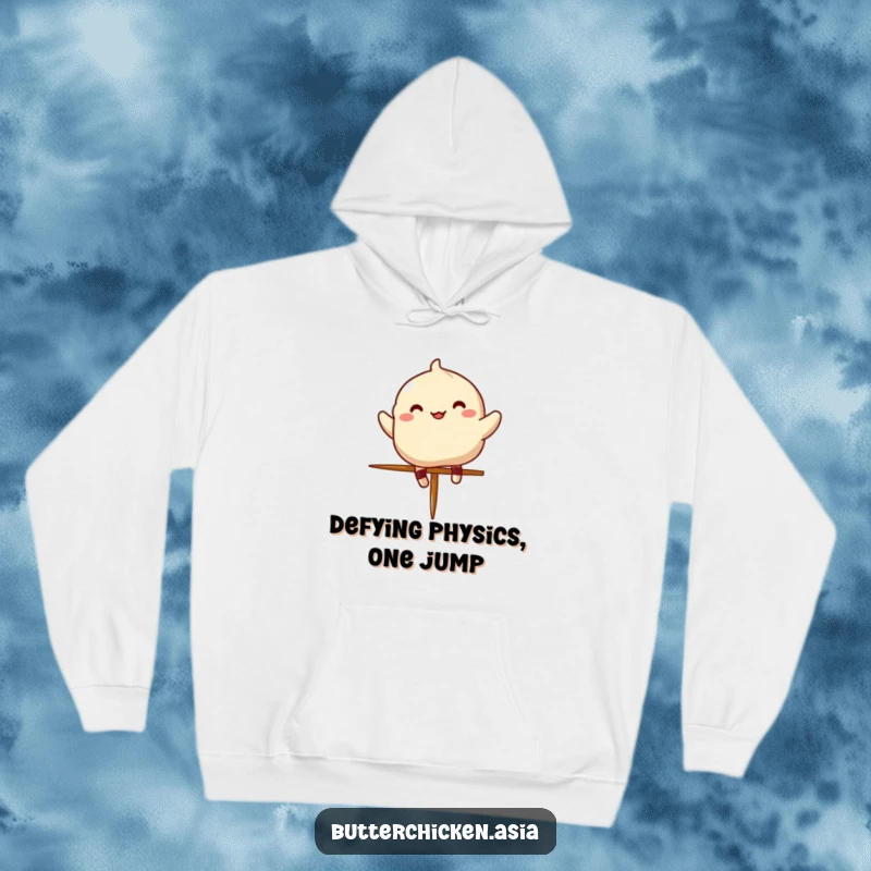 Funny dumpling hoodie showing a happy character performing an epic jump over a small chopstick.
