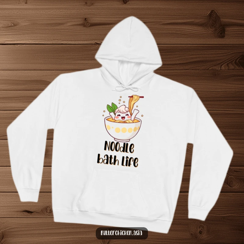 Funny Ramen Hoodie: a cheerful ramen bowl character splashes joyfully in broth. Comfortable apparel for a funny gift.