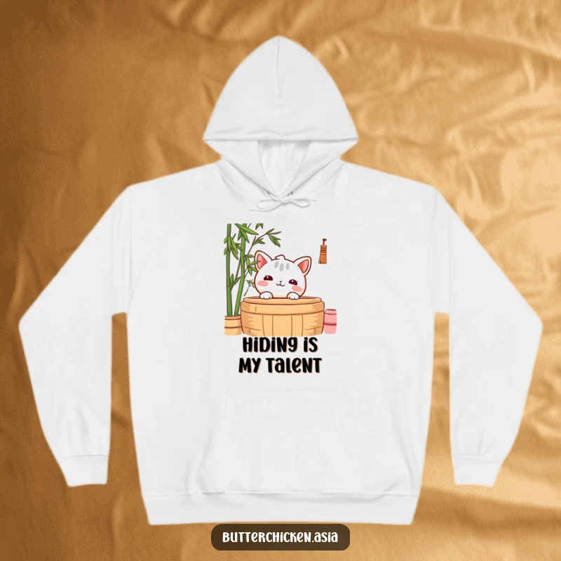 Funny Hoodie depicting a shy wonton character cautiously peeking from behind a bamboo steamer, offering ultimate comfort and humor.
