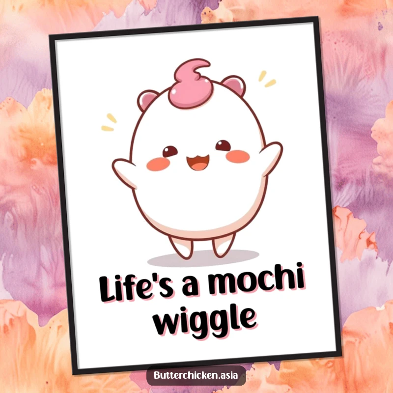 Funny Free Printable wobbly mochi character doing a joyful wiggle dance, creating whimsical downloadable wall art.