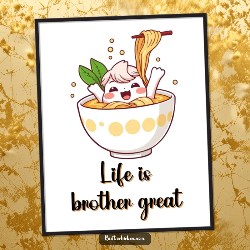 Funny Free Printable cheerful ramen bowl character happily splashing in broth, creating vibrant downloadable wall art.