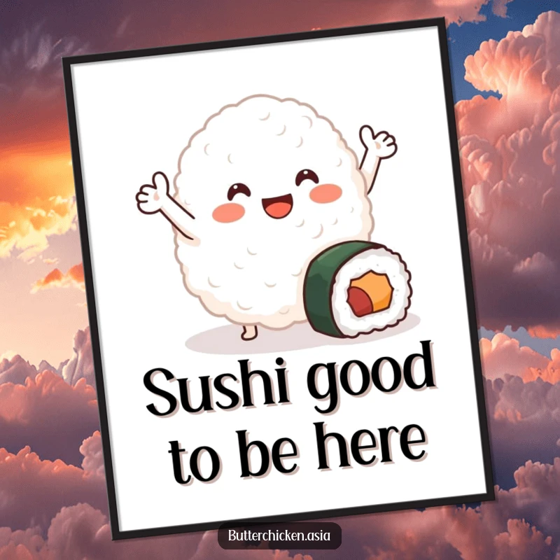 Funny Free Printable Rice Blob Wall Art - Smiling rice blob waving near a small sushi roll, cute, quirky downloadable art.