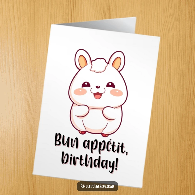 Funny Free Printable Birthday Card: A giggling bao bun character with rosy cheeks, radiating pure birthday happiness.