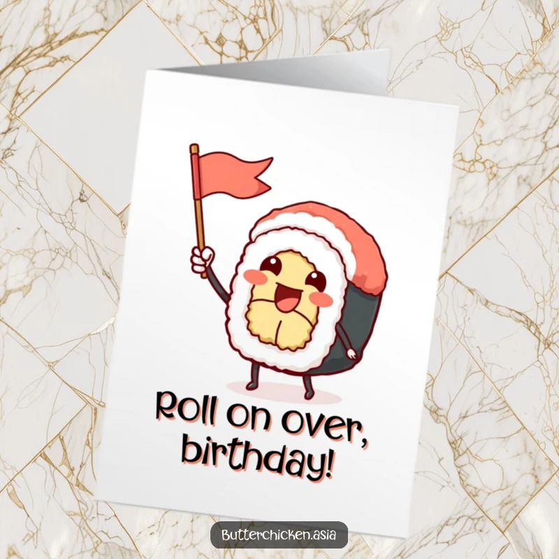 Funny Free Printable sushi roll character waving a tiny flag excitedly, perfect for a downloadable birthday card.