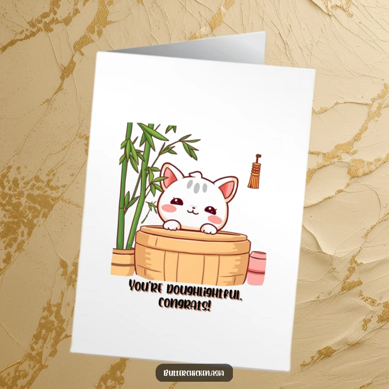 Funny Free Printable Congratulations Card: A shy wonton character peeking cautiously from a bamboo steamer, celebrating success.