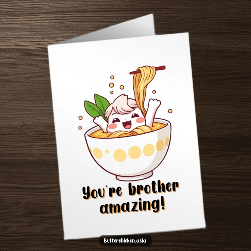 Funny Free Printable cheerful ramen bowl character happily splashing in broth, ideal for a congratulations card.