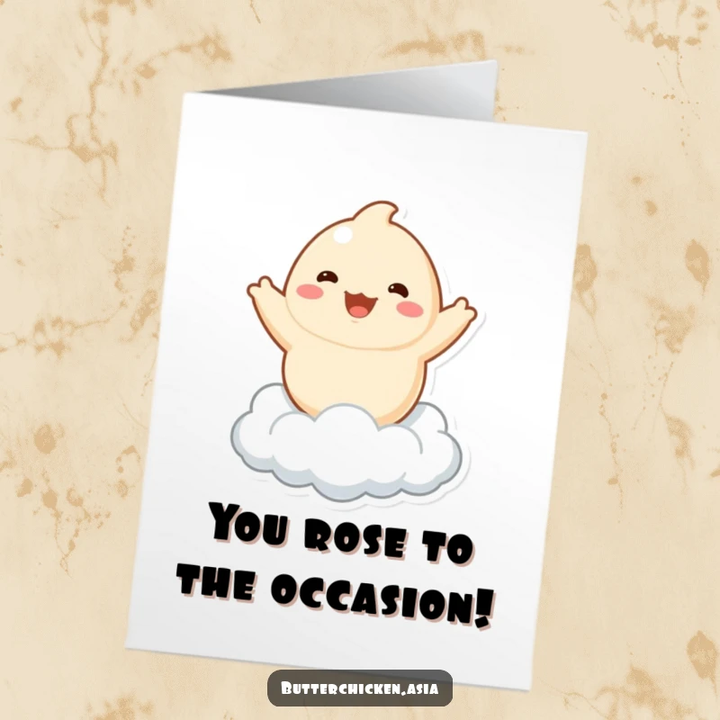 Funny free printable dumpling card: Playful dumpling character bouncing on a cloud, celebrating good news with energetic joy.