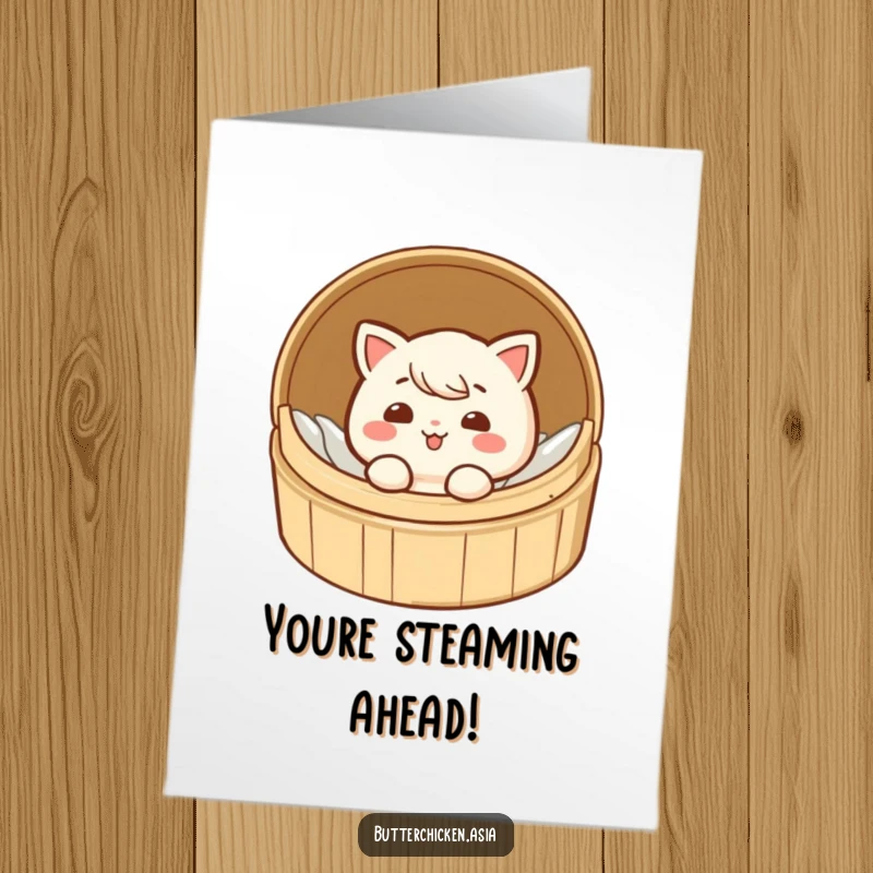 Funny Free Printable Congratulations Card: A happy dim sum character playfully peeking from a steamer, celebrating good news.